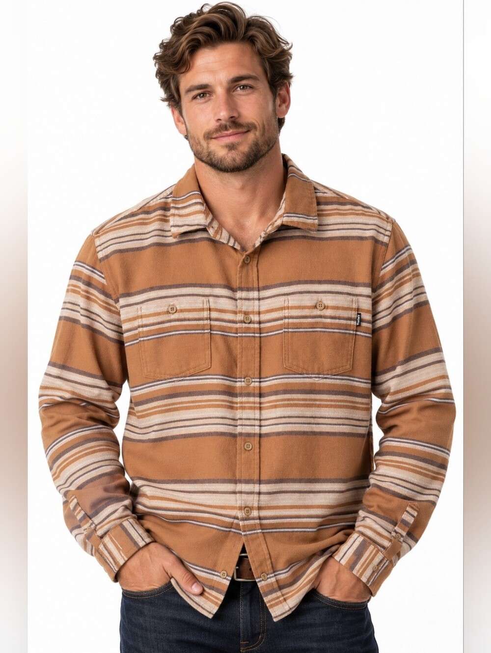 Hurley Portland Men’s Large Brown Striped Brushed Flannel Shirt ranch western